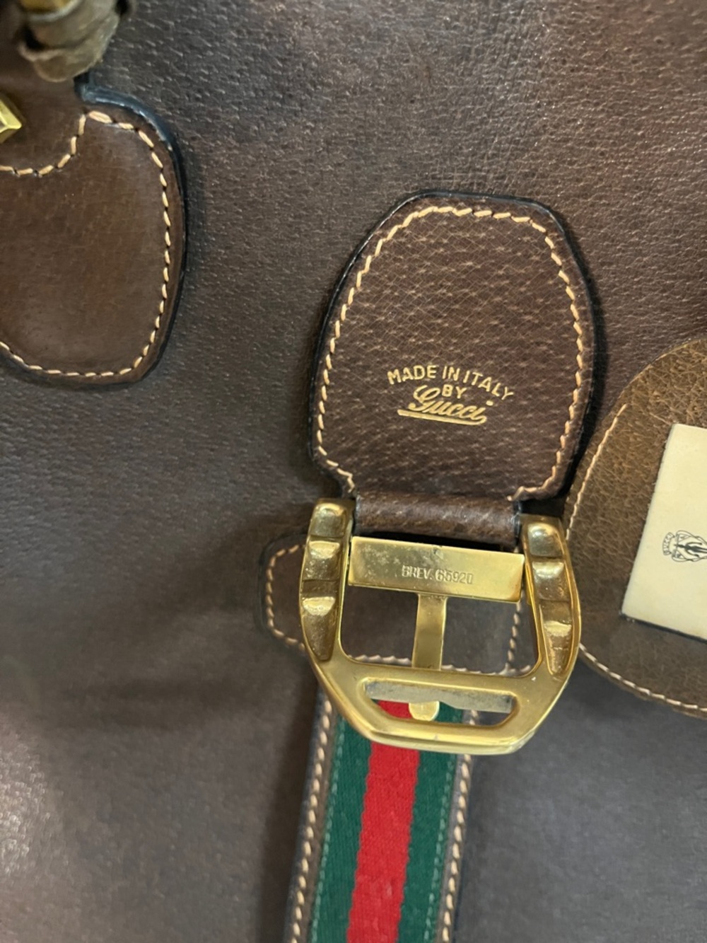 🦋Ultra Rare🦋 Gucci Brown Leather Duffel with Sherry Line Stripe - Picture 9 of 11
